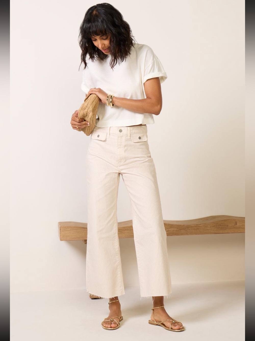 PAIGE anessa tonal cream and tan stripe wide leg slight crop jeans raw hem 30